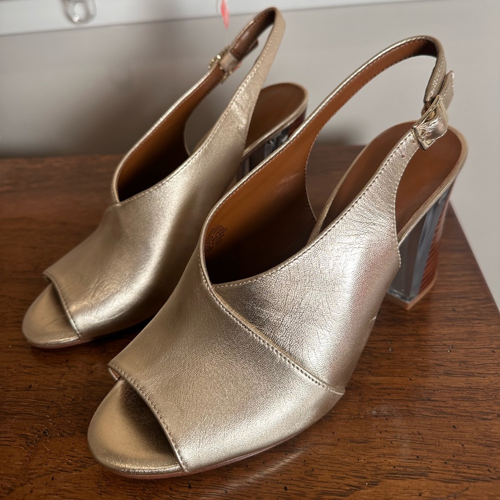 Nine West Morenzo leather metallic gold peep-toe pump with lucite heel